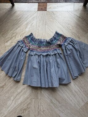 Petersyn smocked rainbow top w/blue and white stripe XS